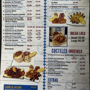 Appetizers, combos and cocteles menu page