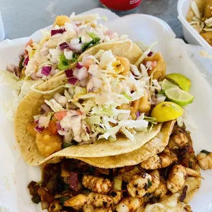 1 gobernador taco and 2 shrimp tacos