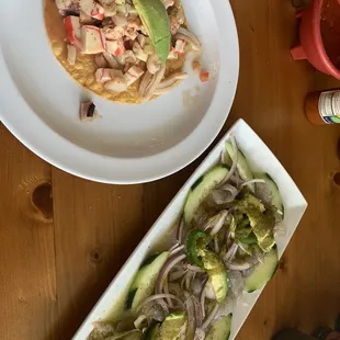Tostada Pacifico and Camarones Aguachiles