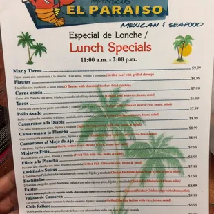 Lunch specials menu as of 08/21/17