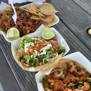 Left to right Marlyn Taco, Fish Tacos, el Gobernador Taco