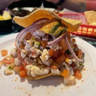 This is what it looked like from the beginning on my tomato tostada with little shrimp and fish.
