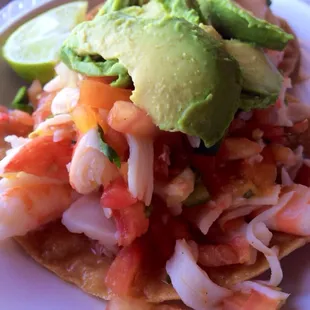 Shrimp tostadas with fresh avocado