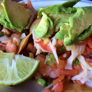 Shrimp tostadas with fresh avocado