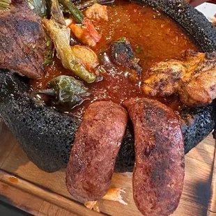 Surf n turf molcajete. Some food is missing cuz we got so excited to eat that we almost forgot to take a picture lol