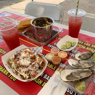 a table of food and drinks