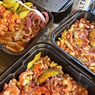 Tostadas Mitoteras y Botana de Aguachile y Camaron Cocido