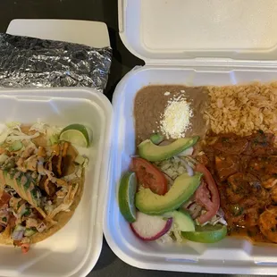 (Left) fish taco with the fixings on a corn tortilla (Right) camarones (shrimp) rancheros plate