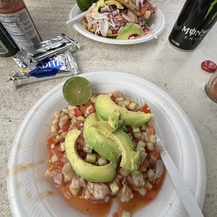 tostada de ceviche de camaron &amp; 2 tostadas mixtas