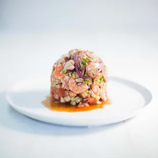 Tostada Especial / Shrimp, Ceviche, cooked shrimp, crab meat, Octopus and aguachile