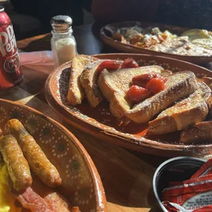 french toast, eggs, bacon