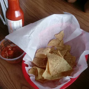 Free chips with spicy chunky salsa