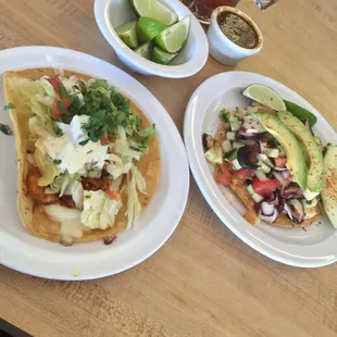 Michelada, tostada de pulpo, taco de camaron enchilado