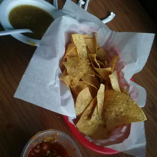 Free chips and salsa. Red salsa is great.