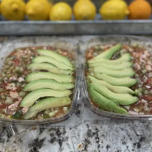Shrimp ceviche to the left. Shrimp &amp; fish mixed to the right.