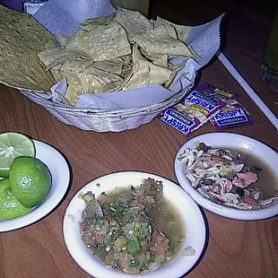 Complimentary Chips, Salsa, imitation crab "salsa", lime and a nice cold bud light in a chilled glass with salt on the rim...