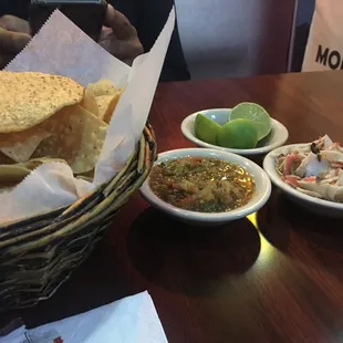 Complimentary chips, salsa and ceviche.