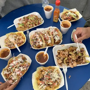 Yummy spread of tacos and seafood!