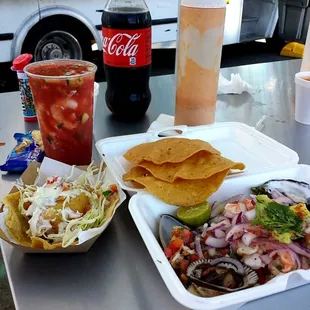 Shrimp cocktail, fish taco and tostada loca. Very delicious with fast service and priced just right.