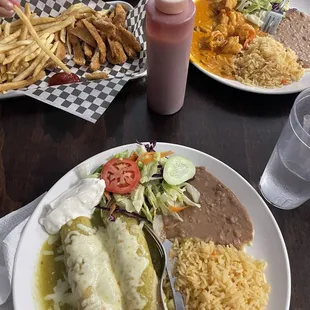 Green enchiladas de pollo, camarones Camarones a La Cachanilla, kids chicken strips