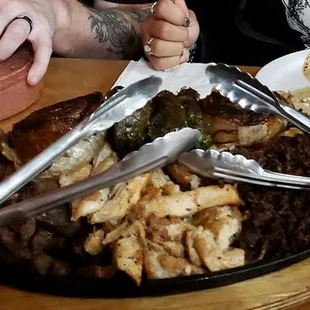Parrillada - Pictured L to R: Carne Asada, Chicken and the Shredded Beef (Deep fat fried). It also had grilled onions and Jalapeños.