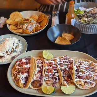 Tacos Dorados de camarón, aguachile Tostitos, taco Gobernador and taco de pescado