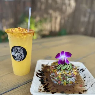 Ceviche tropical with agua fresca de  Mango