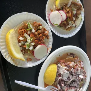 Shrimp and octopus tostada, Asada Taco, Pollo Taco