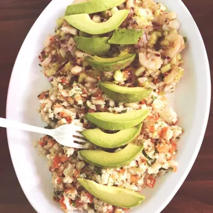 Ceviche - half pescado (fish), half camarones (shrimp)