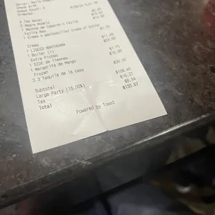 Total $108.16 for 2 ppl  Charged large party (15.00%) $16.17 Then we almost tipped 25% ontop of that 15% if we didn't check receipt first.