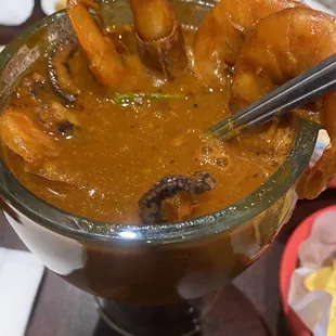 Shrimp and octopus cocktail but mire like a soup made with salsa Valentina