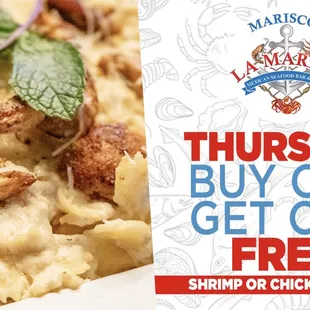buy one get one free shrimp or chicken pasta