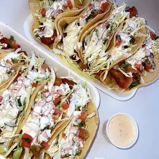 Fish tacos with their sauces!