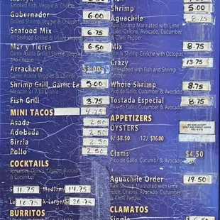 Menu -- prices current May 2022