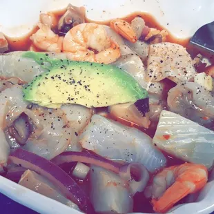 Aguachiles Perla Negra (shrimp, octopus, scallop)