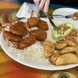 Fried shrimp, fries, rice
