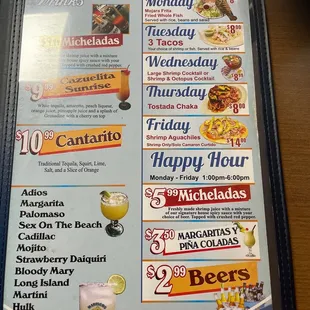 Drinks and happy hour menu