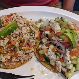 Fish tostada and shrimp tostada