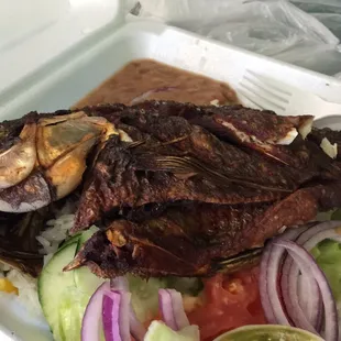 Fried Tilapia drizzled with garlic sauce over a bed of salad, rice and beans.