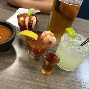Oyster shots, Cadillac margarita, nice cold Modelo.