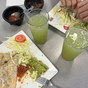 Carne de asada quesadillas and Aguas Frescas de pepino
