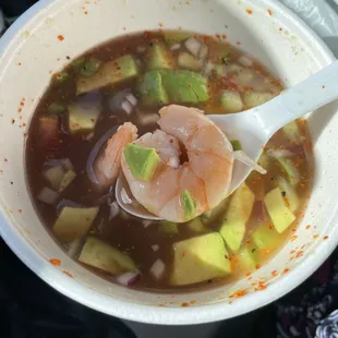 Shrimp always cooked to perfection! This is a Coctel de Camaron with diced avocado  and cucumber  and onion (Tip: ask for extra avocado )