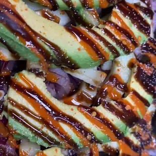 sliced avocado and onions