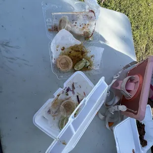 What should have been pictured here is the Fridita de Pulpo, 1 fish and 1 shrimp taco, and a michelada virgen