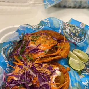 Shrimp tacos with a side of French fries, always