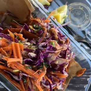 Shrimp tacos.  Very filling and robust flavor.  A must try.