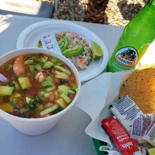 a plate of food and a drink