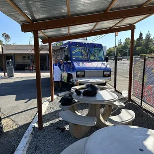 Clean tables in the shade