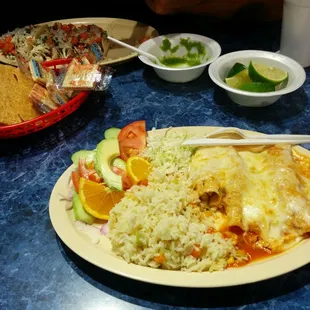 Shrimp enchiladas. Delish! And a great spicy house salsa for tostadas while you wait.