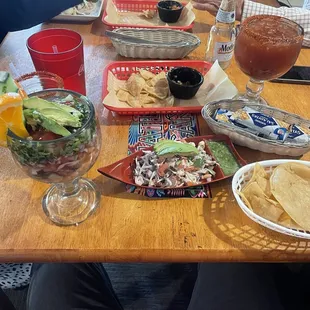 Shrimp ceviche, shrimp cocktail, Michelada
